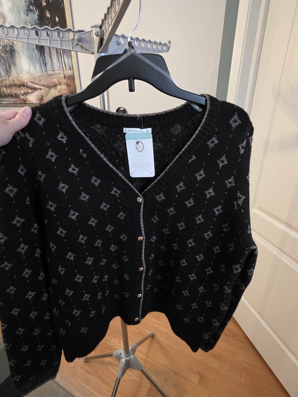 Staccato Black Patterned V-Neck Button Cardigan Sweater